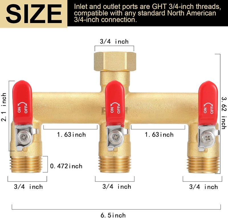 EBH Garden Hose Splitter, 3-Way High Flow Heavy Duty Brass Outdoor Hose Manifold with Long Handles Full Flow Faucet Adapter- 3/4” GHT(RED) - Image 2